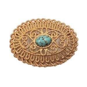Vintage 1970s Napier Cabochon Faux-Turquoise Oval Openwork Brooch